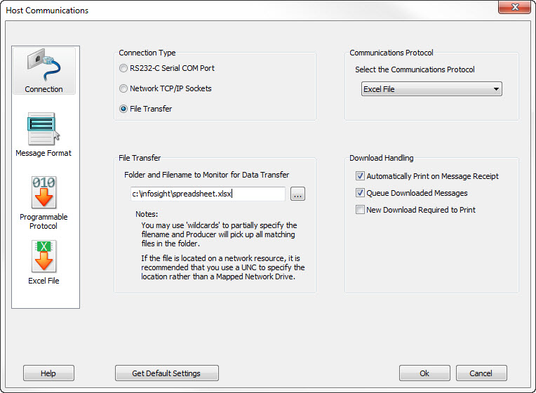 Host setup form showing Excel transfer